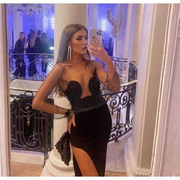 Rhinestone Flared Long Sleeve Sparkle Crop Top Glitter See Through Fishnet Cover - Picture 11 of 11